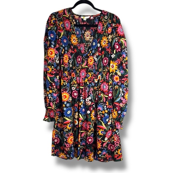 Boden Smocked Bodice Dress in Black Gardenia Pop Size 12 Long - Picture 1 of 7